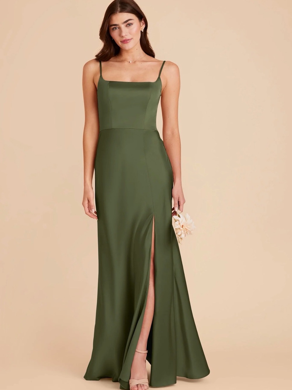 Olive Green Square Neck Satin Dress